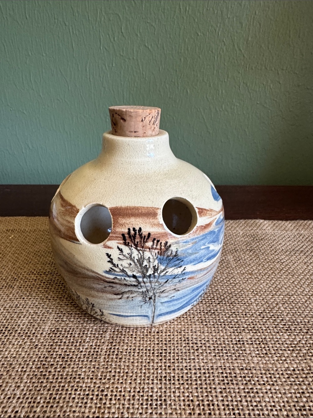 Sevierville Art Pottery Potpourri Pot Trees Sky Swirl Blue Brown Tennessee